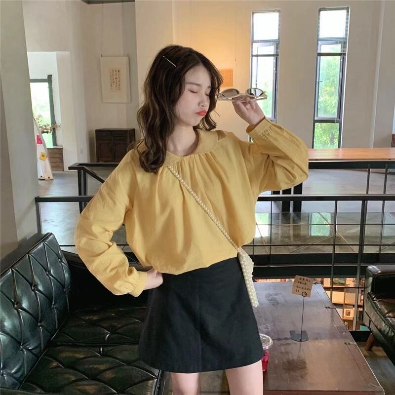 【tops】美人度アップ!韓国系スウィートデザインドールカラーセーターランタンスリーブシャツ
