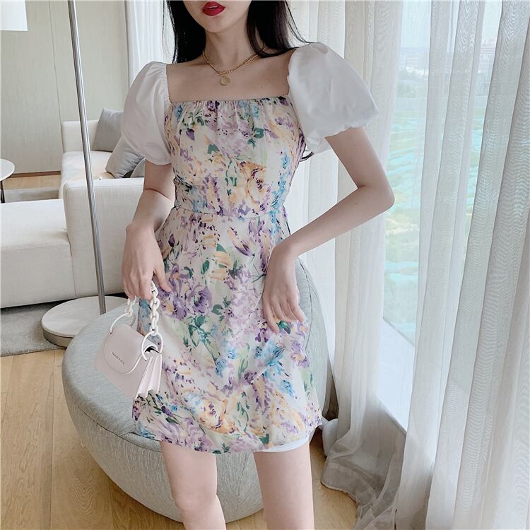 【dress】美人度アップ韓国系森ガール気質ボートネックパフスリーブ花柄スカート