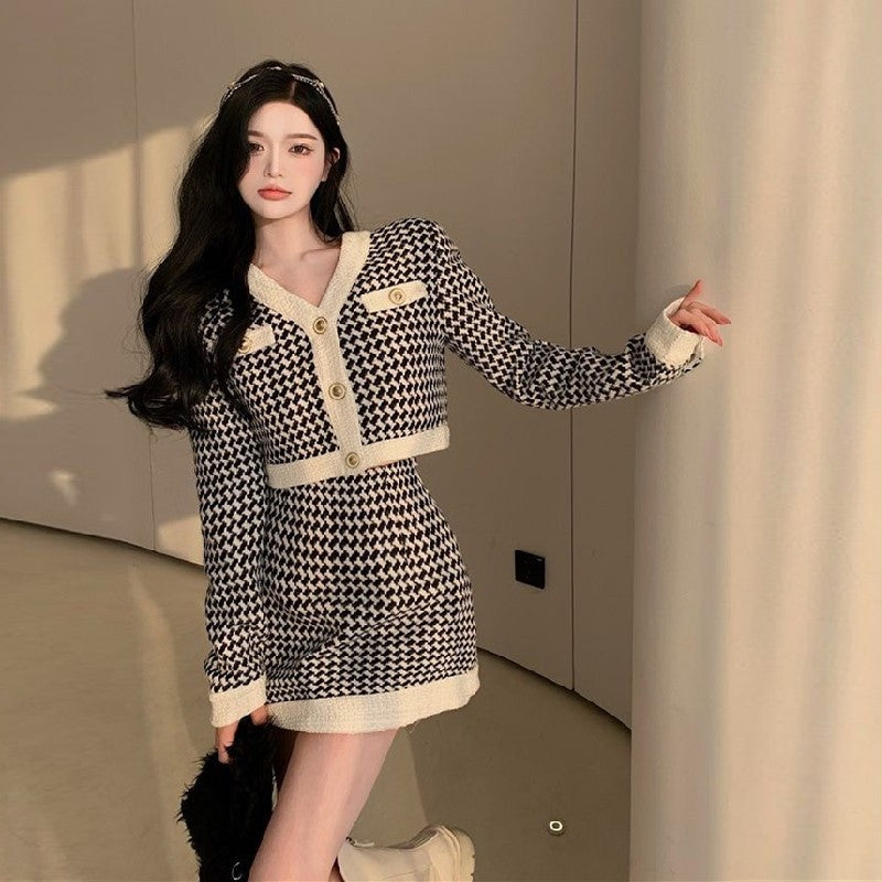 【Set】カーデ+スカート 千鳥格子セット Z7764