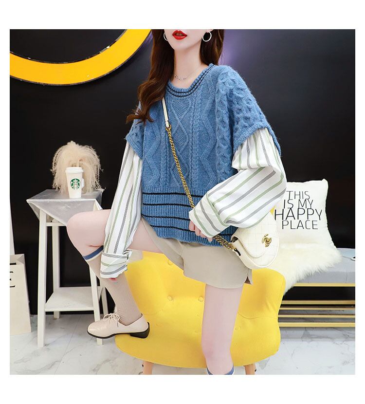 【tops】好感度UPスウィートラウンドネックシャツ切り替えセーター4色