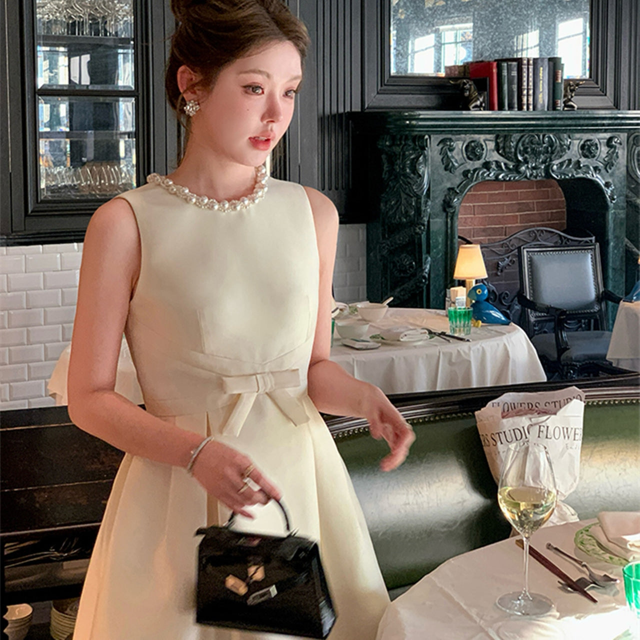 【Dress】パールネックノースリーブミニワンピース N3002