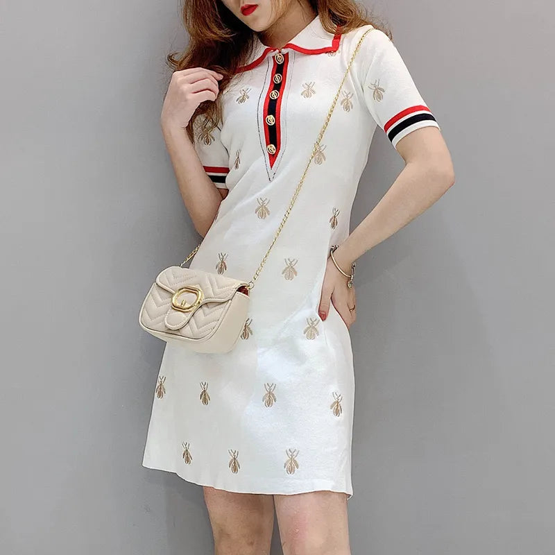 【Dress】新入荷!レディース気質Aライン半袖プリントニットワンピース W-6550