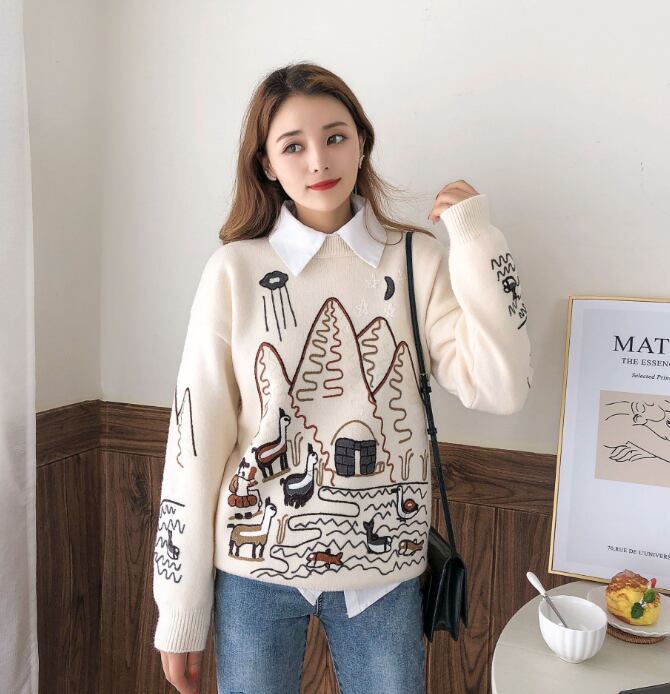【tops】大人可愛い刺繍丸首セーター切り替えゆったり2色