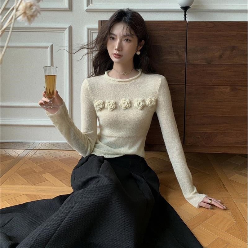 【Tops】フラワー長袖ニット W13402