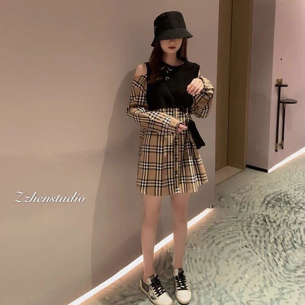 【Dress】肩見せ切り替えチェック柄ワンピース W13709