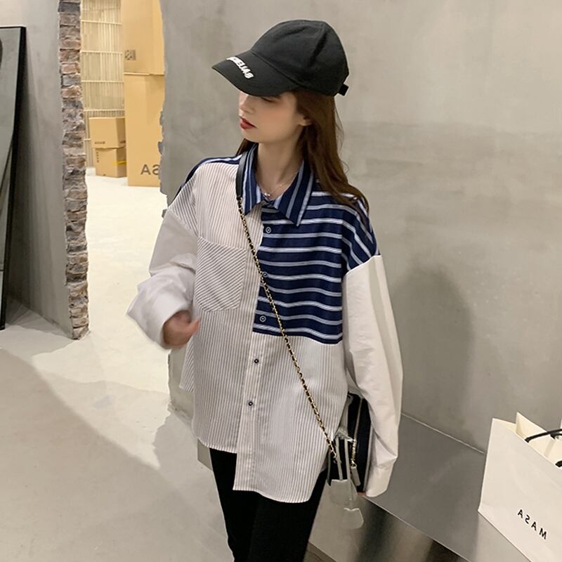 【tops】美人度アップ!韓国系レトロルーズデザインイレギュラーシャツ