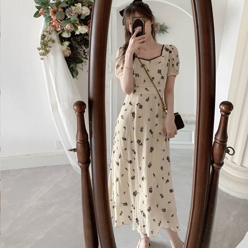 【dress】美人度アップレトロ気質スウィートパフスリーブ森ガール花柄スカート