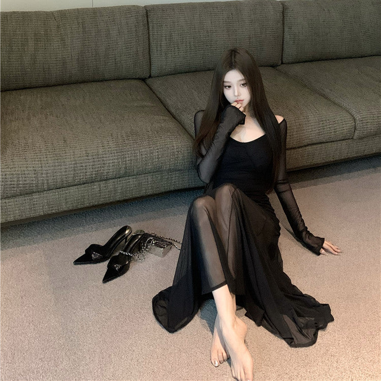 【Dress】透け感ワンピース黒 W13927