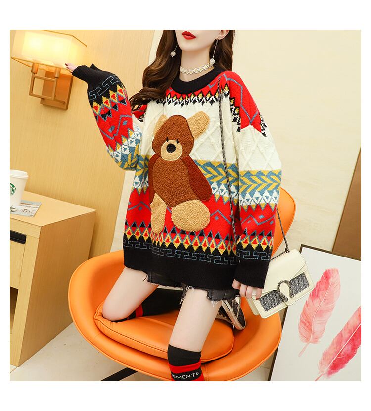 【tops】今季マストバイレトロニットセーター配色ゆったり2色