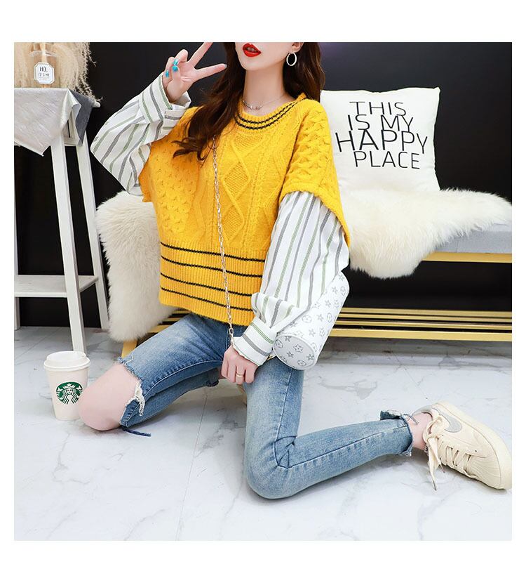 【tops】好感度UPスウィートラウンドネックシャツ切り替えセーター4色