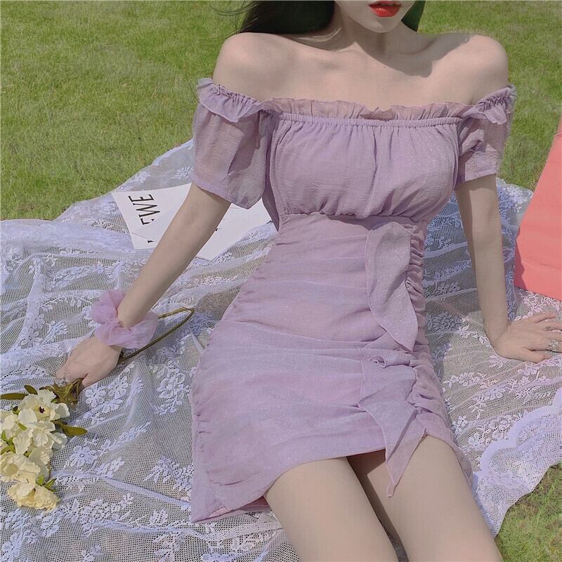 【dress】美人度アップ!韓国系セクシーフリルパフスリーブボートネックAライン