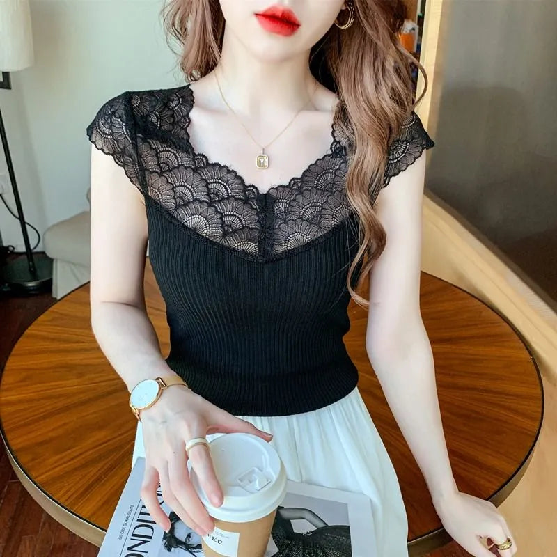 【Tops】レース切り替えTシャツ W12442