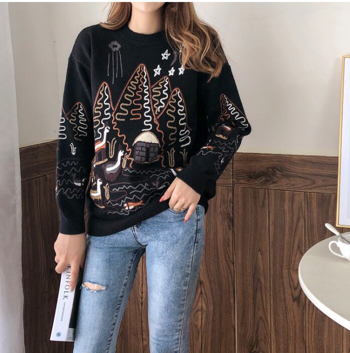 【tops】大人可愛い刺繍丸首セーター切り替えゆったり2色