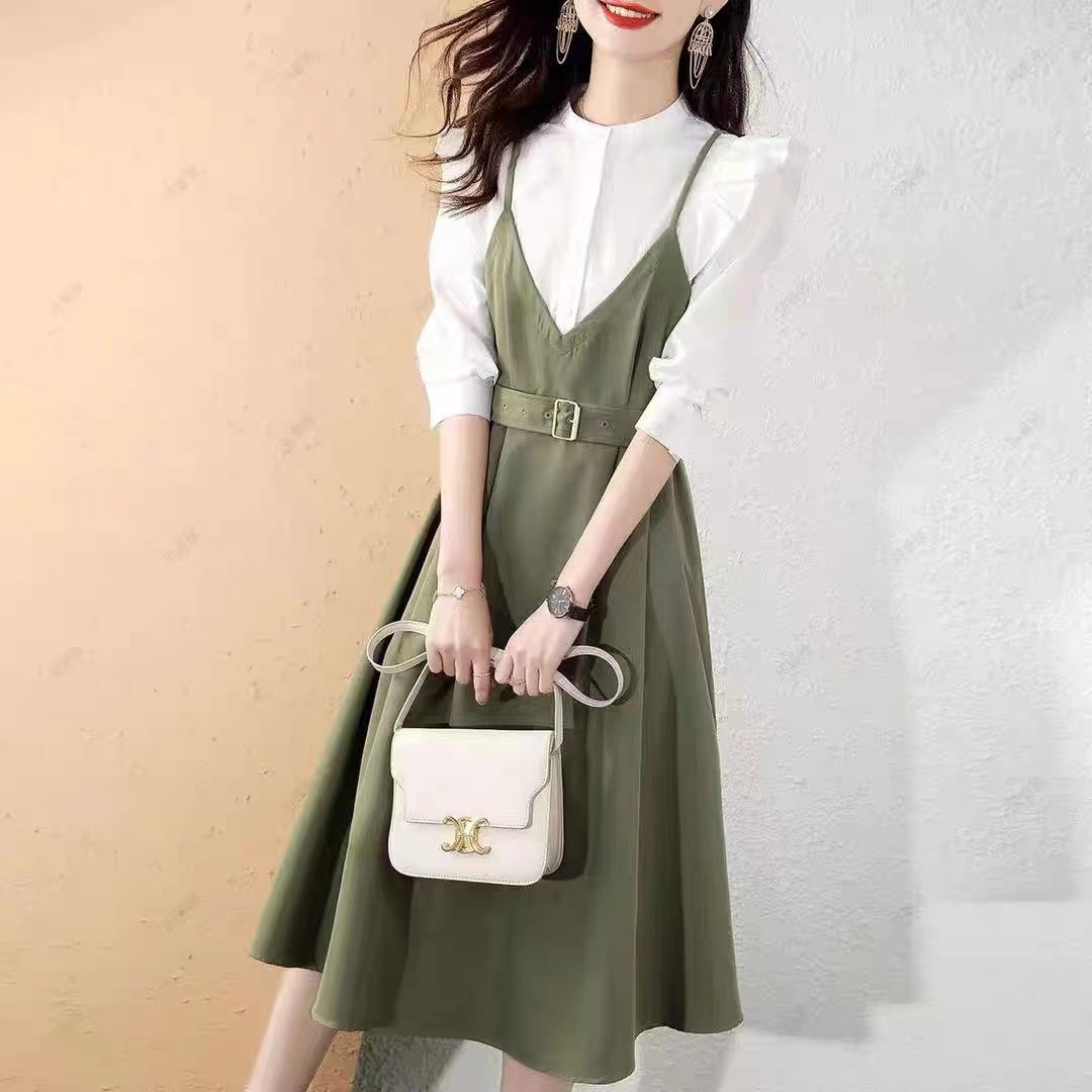 【Dress】フェイクレイヤードシャツワンピース W8694