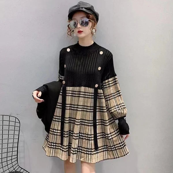 【Dress】長袖切り替えチェック柄ワンピース W13710