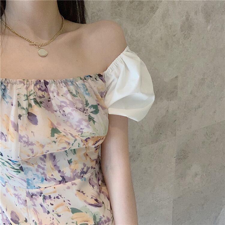 【dress】美人度アップ韓国系森ガール気質ボートネックパフスリーブ花柄スカート