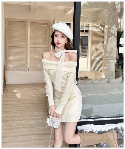 【Dress】リボンオフショルニットワンピース　W14595