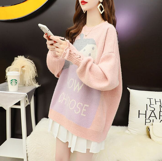 【tops】大人可愛い！スウィートキャンパスラウンドネックセーター2色