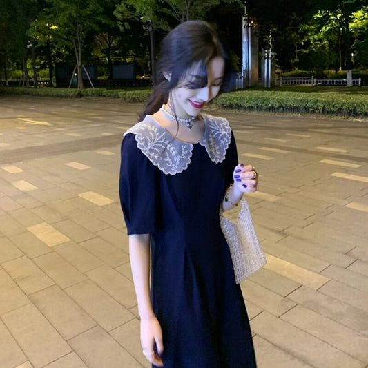 【dress】美人度アップ韓国系スウィート森ガールレース刺繍折り襟スカート