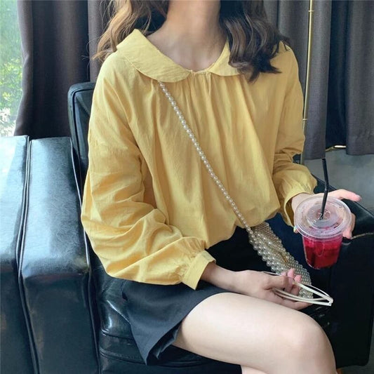 【tops】美人度アップ!韓国系スウィートデザインドールカラーセーターランタンスリーブシャツ