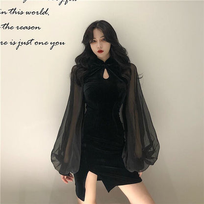 【dress】美人度アップ!韓国系ファッションベルベットチャイナドレススカート