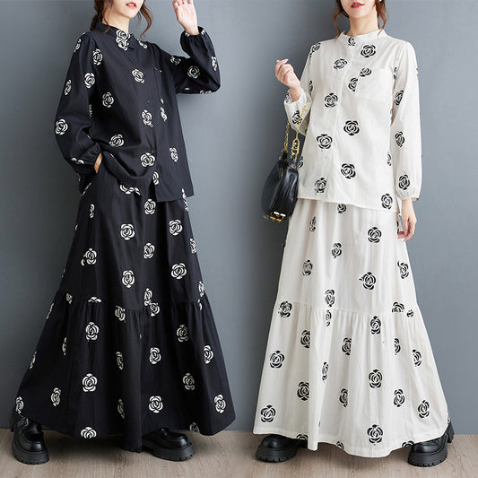 【Set】花柄2点セット シャツ + スカート T01073