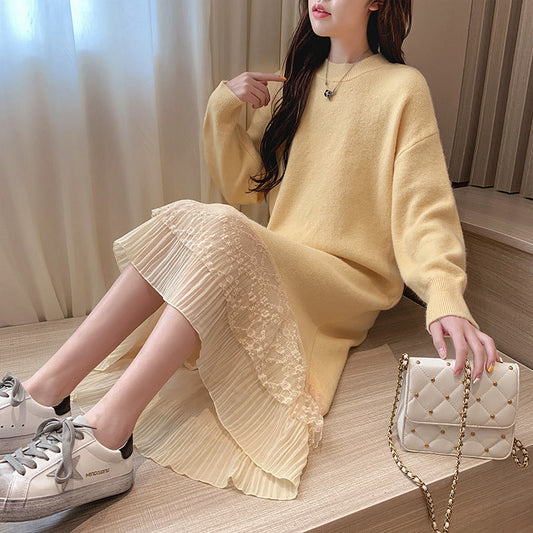 【Dress】レース切り替えルーズニットワンピース　W7981