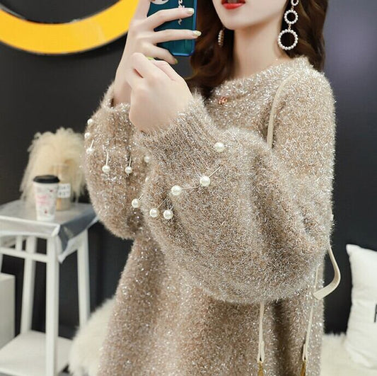 【tops】エレガントルーズ真珠セーター 2色切り替え