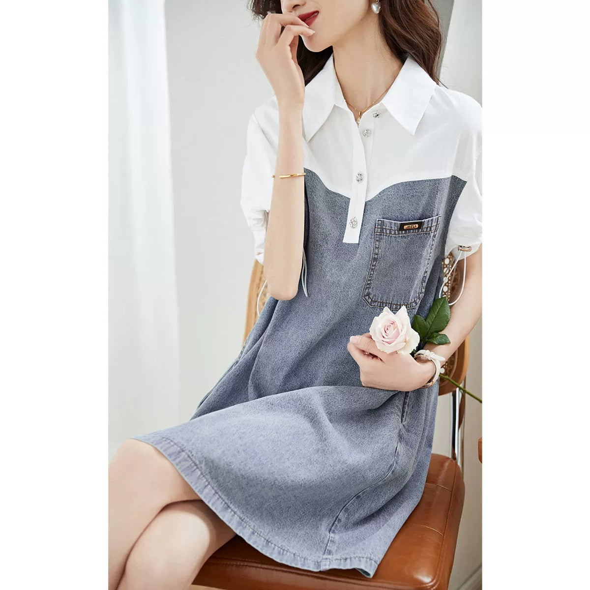 【Dress】大人カジュアル～半袖デニム切り替えシャツワンピース   W7708