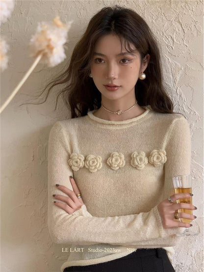 【Tops】フラワー長袖ニット    W13402