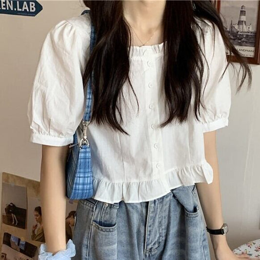 【tops】美人度アップ!韓国系レトロスウィートデザインスクエアネックシャツ