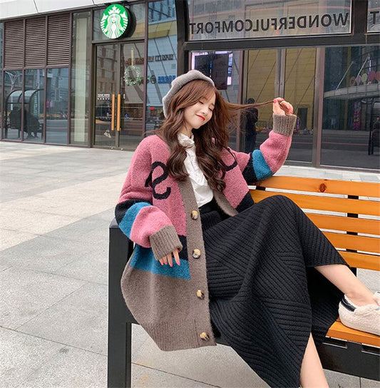 【outer】韓国系超人気ニットカーディガン配色ゆったり3色