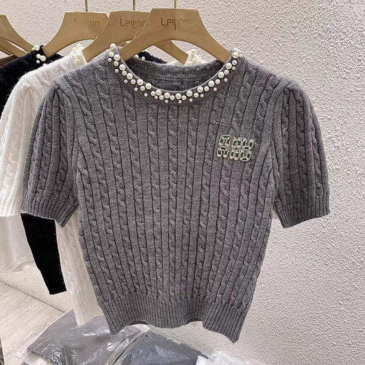 【tops】パール半袖ニットトップス　M21885