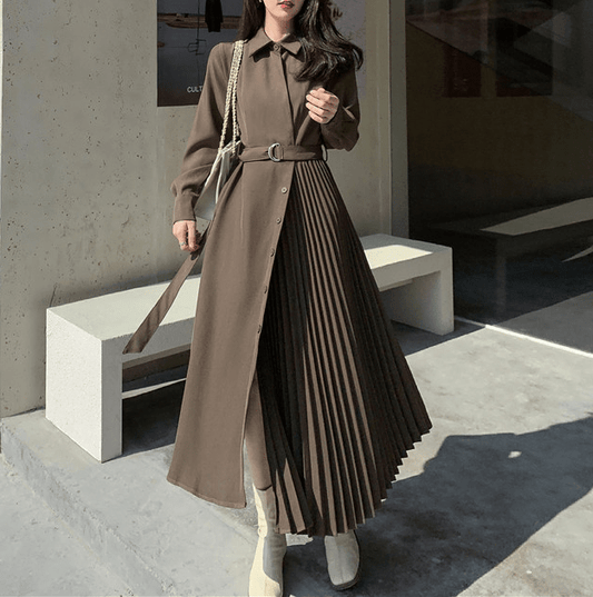 【Dress】新商品！シンプル無地長袖プリーツ切り替えシャツワンピース　Z-0045