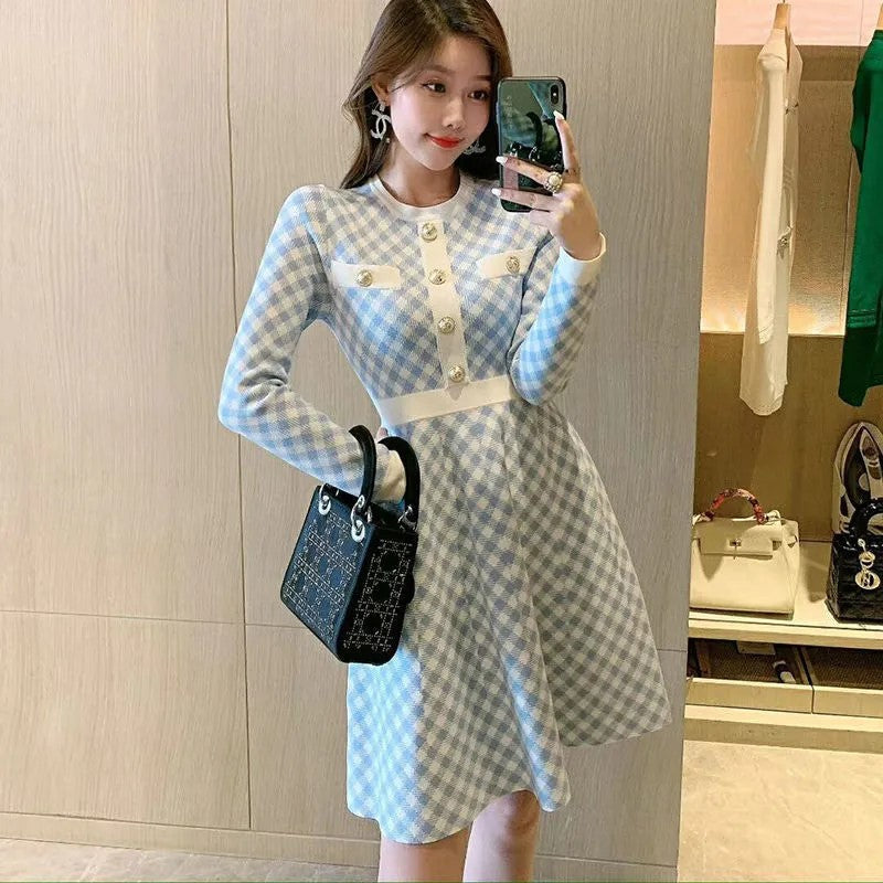 【Dress】新入荷～韓国ファッション千鳥格子Aライン秋冬ニットワンピース2色選択可  Z-4381