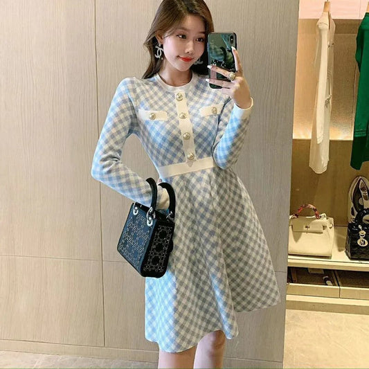 【Dress】新入荷～韓国ファッション千鳥格子Aライン秋冬ニットワンピース2色選択可  Z-4381