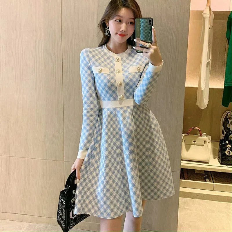 【Dress】新入荷～韓国ファッション千鳥格子Aライン秋冬ニットワンピース2色選択可  Z-4381