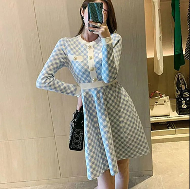 【Dress】新入荷～韓国ファッション千鳥格子Aライン秋冬ニットワンピース2色選択可  Z-4381