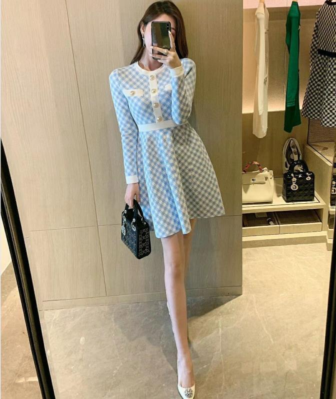 【Dress】新入荷～韓国ファッション千鳥格子Aライン秋冬ニットワンピース2色選択可  Z-4381