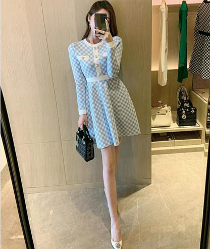 【Dress】新入荷～韓国ファッション千鳥格子Aライン秋冬ニットワンピース2色選択可  Z-4381