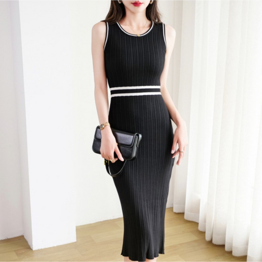 【Dress】2色展開～フェミニン配色Aライン夏ニットワンピース　Z-5499
