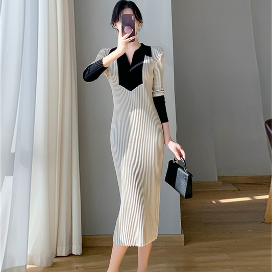 【Dress】配色Aラインニットワンピース　　Z-6370