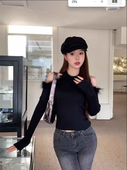 【Tops】ファー透かし彫りニット　W14118