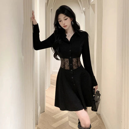 【Dress】レース切り替え透かし彫り長袖ワンピース   W14524