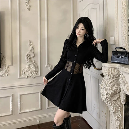 【Dress】レース切り替え透かし彫り長袖ワンピース   W14524
