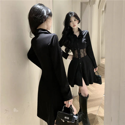 【Dress】レース切り替え透かし彫り長袖ワンピース   W14524