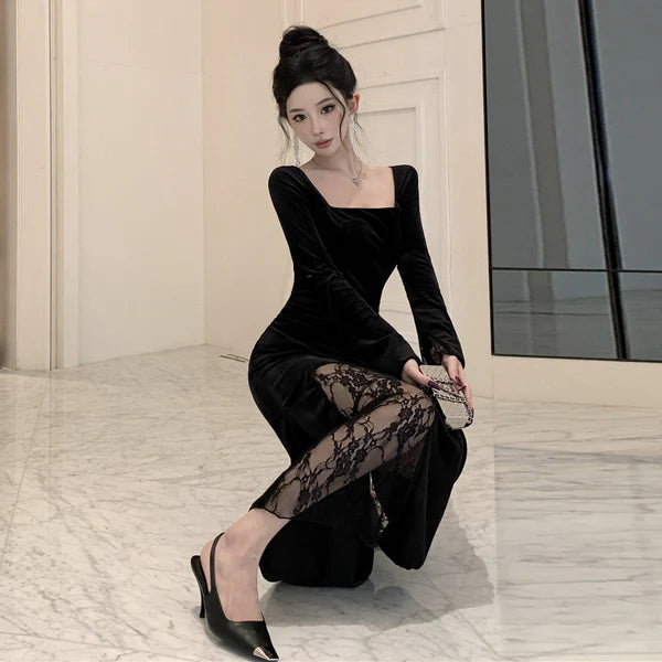 【Dress】レース切り替えスリットワンピース　Ｗ14526