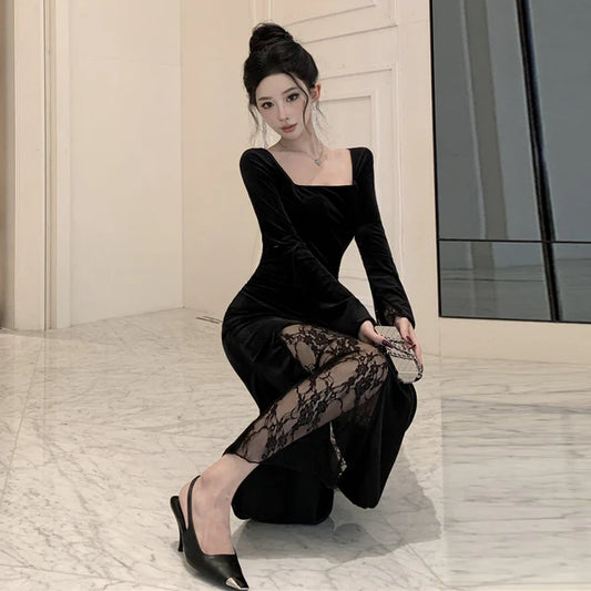 【Dress】レース切り替えスリットワンピース　Ｗ14526