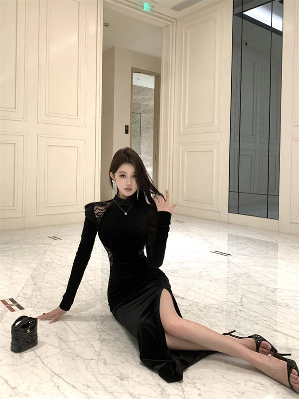 【Dress】秋冬レース切り替え長袖ワンピース    W14529