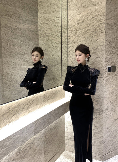 【Dress】秋冬レース切り替え長袖ワンピース    W14529